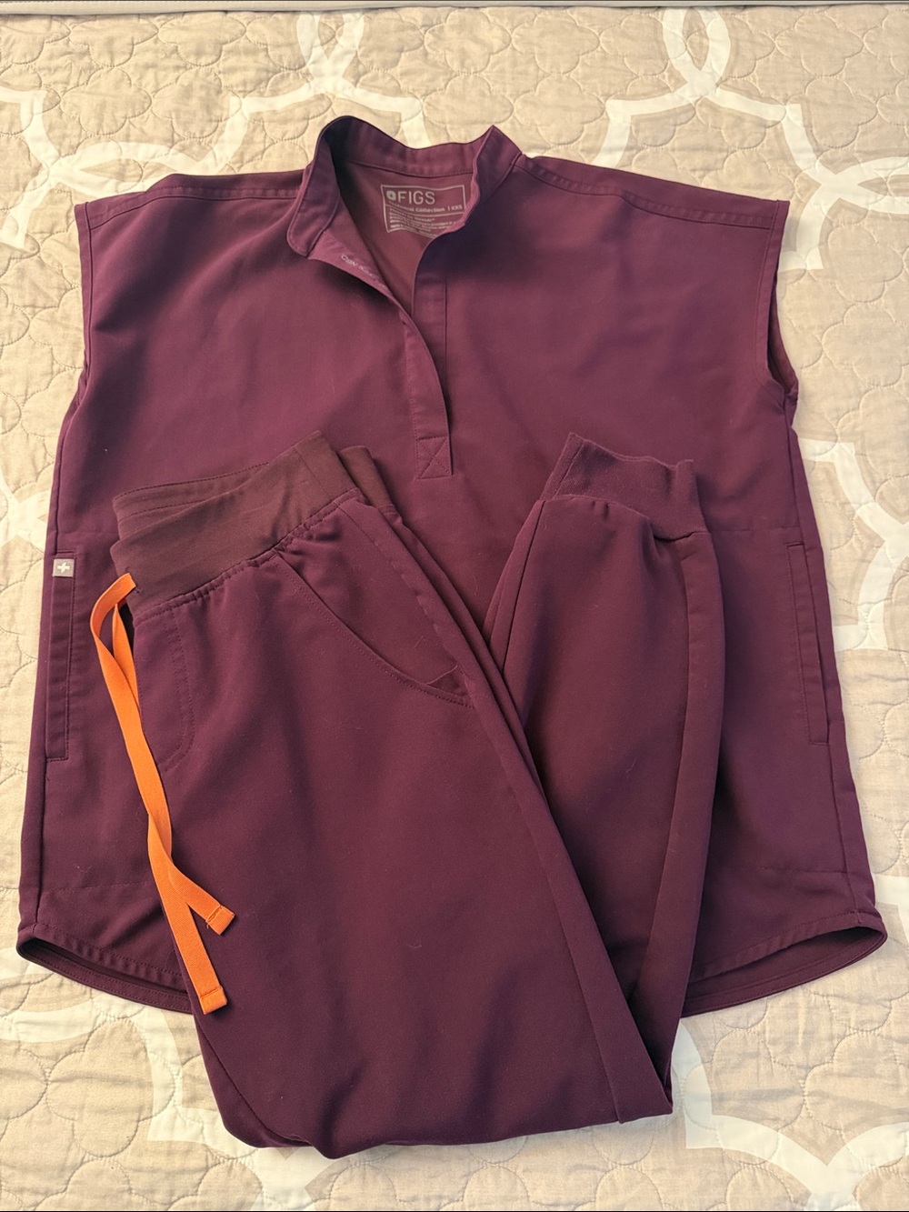 Figs Women's Deep purple Scrub Top & Jogger Pants with Orange Drawstring